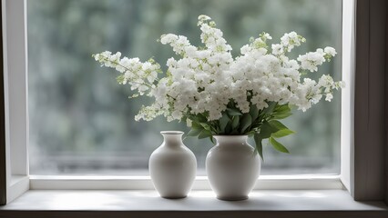 Window with a bouquet of white flowers in a ceramic vase with a window sill for Chinese goods