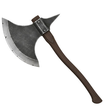 A terrifyingly large Executioner's Axe with a massive, semi-circular blade and dark stained handle. Perfect for horror game assets, medieval fantasy designs, Halloween promotions,