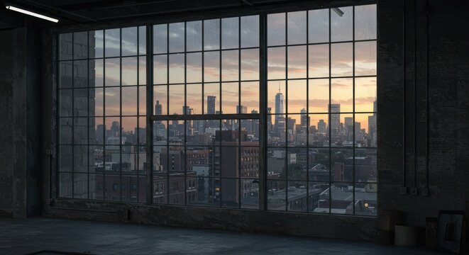 Urban sunset through windows