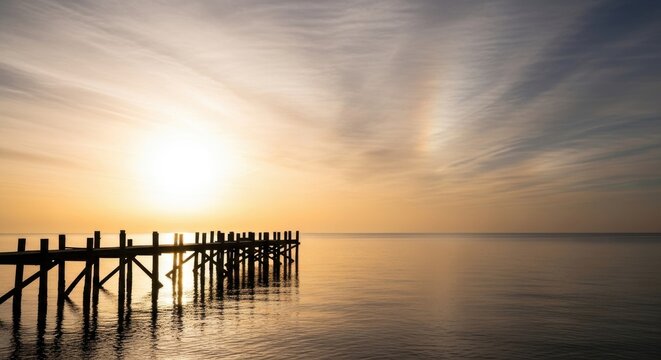 Silhouette of an old wooden pier extending into the calm ocean water during a bright, golden sunrise or sunset with dramatic clouds and a visible sun halo in the sky