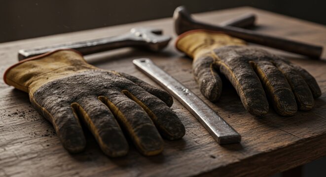 Used work gloves and tools on wooden surface - Powered by Adobe