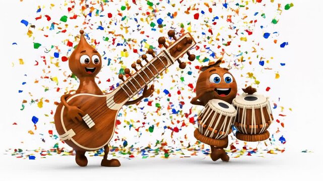 Funny Cartoon Characters Playing Sitar and Tabla Under Falling Colorful Confetti