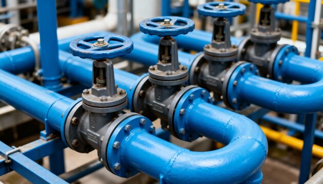 Industrial infrastructure featuring bright blue painted pipes, multiple gate valves, and bolted flange connections.