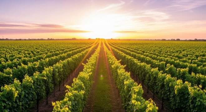Aerial view of a vast vineyard stretching towards the horizon during a vibrant sunset, with rows of lush green grapevines perfectly aligned under the bright sun