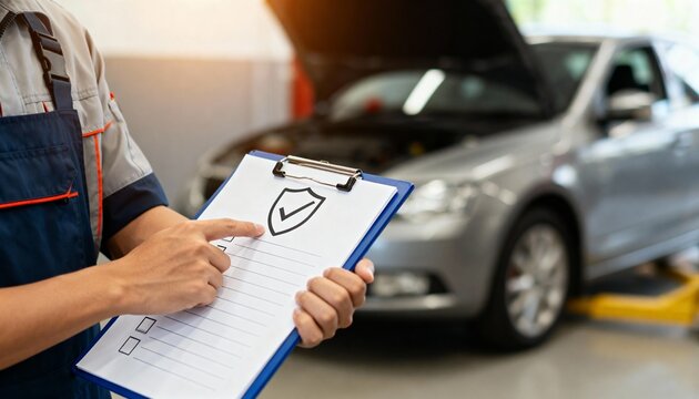 Technician holding a clipboard with a safety checklist and a shield icon, standing near a car in a service bay.
