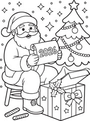 Santa is checking the 2026 wish list near the Christmas tree and gifts outline