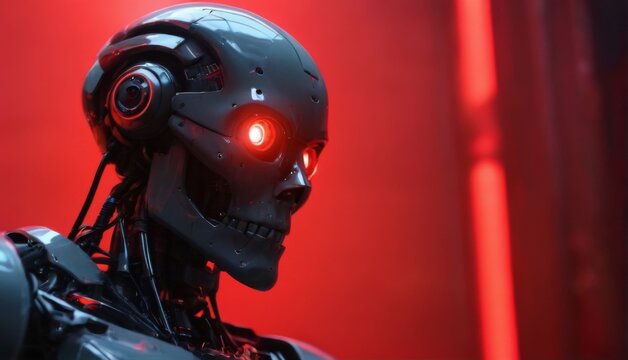Closeup of futuristic robot with glowing red eyes in neonlit setting, skulllike head design  ominous and captivating. - Powered by Adobe