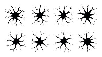 Eight Black Radial Crack Patterns on White Background