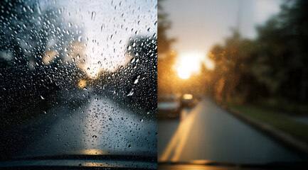Naklejka premium A stunning view capturing the contrast of driving through rain and sunshine, showcasing nature's beauty and changing weather.