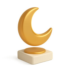 A 3D rendered golden crescent moon symbol floating above a minimalist pedestal on a white background.