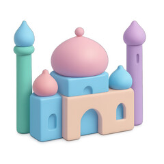 A pastel-colored 3D rendered cartoon mosque with domes and minarets, featuring soft, rounded shapes and a playful aesthetic.