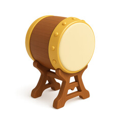 3D rendered image of a traditional wooden drum with golden accents on a stand, often used in cultural or religious ceremonies.
