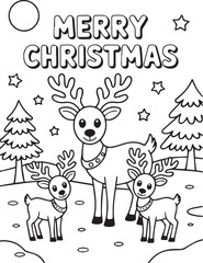 Three cute reindeer stand joyfully amid Christmas trees under a Merry Christmas heading