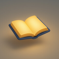 A glowing open book with golden pages and a dark blue cover floating in warm light.