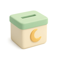 A cute 3D rendered beige and green money box with a yellow crescent moon decoration on the front, featuring a slot on top.