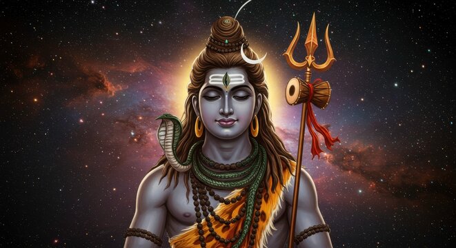 Lord Shiva, the cosmic dancer, in profound meditation amidst the starry universe is depicted