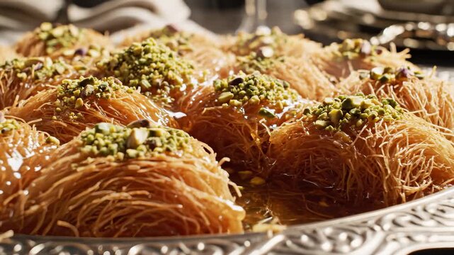 Serving Kanafeh Dessert Topped With Pistachios on Silver Platter