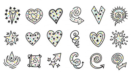 Playful Colorful Doodle Icon Set of Stars Hearts Arrows and Swirls in Black Outline