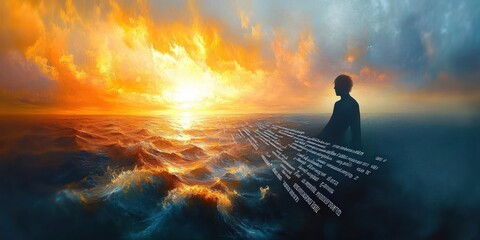 silhouette of a solitary figure by turbulent ocean waves at a glowing sunset with floating lines of text creating a surreal, contemplative and hopeful atmosphere