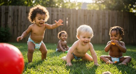Multicultural babies playing outdoors on a sunny day expressing joy and happiness during childhood