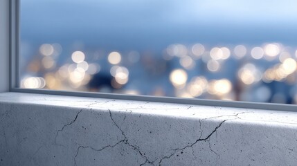 Foreground concrete cracked windowsill overlooking a blurred city night view with bokeh lights, creating an urban background for display.