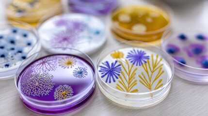 Multiple colorful petri dishes showing artistic microbial growth patterns, known as agar art, in a laboratory setting.