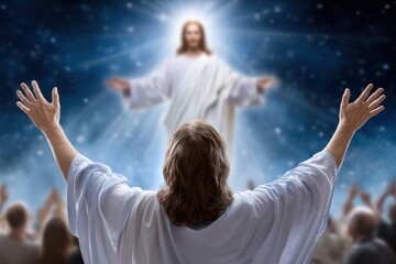 Spiritual scene of a person worshipping a radiant, Christ-like figure appearing in the starry heavens.