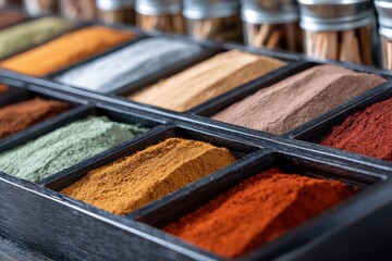 Close-up of various colorful ground spices and powders displayed in a dark compartmentalized tray.