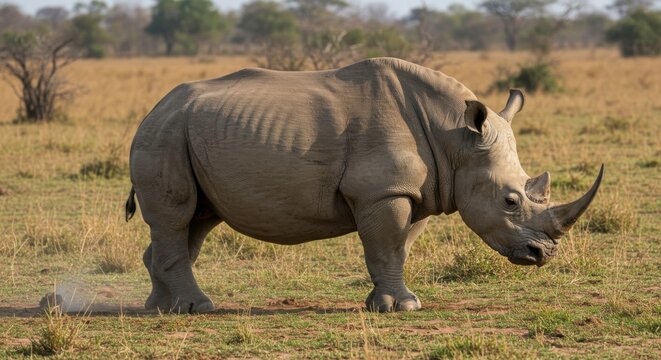 Majestic rhinoceros grazing in african savanna landscape against a backdrop of acacia trees - Powered by Adobe