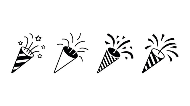 Four Black Icons Of Party Poppers Exploding Confetti