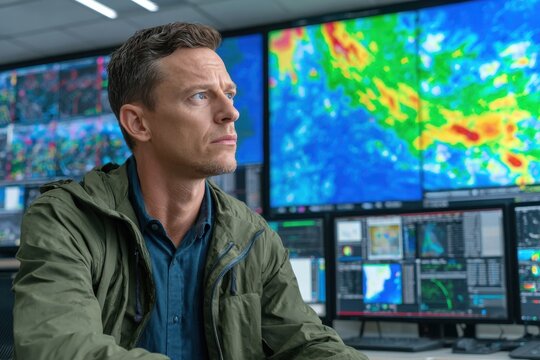 Focused man in a green jacket analyzes complex, colorful data on multiple monitors in a control room.