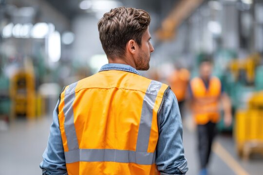 Worker in bright orange high-visibility vest standing inside a large, blurred industrial factory or warehouse. - Powered by Adobe