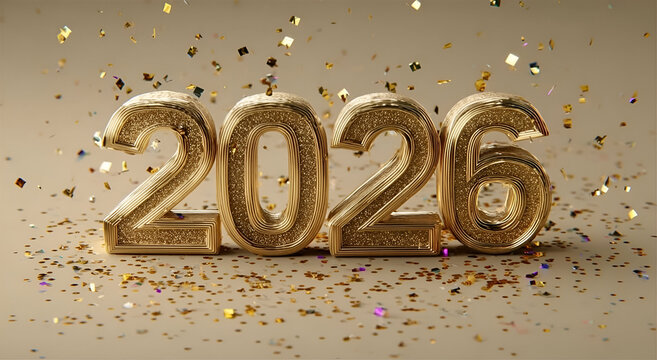 Celebrate the arrival of 2026 with golden numbers amidst a backdrop of shimmering confetti, symbolizing hope and new beginnings.
