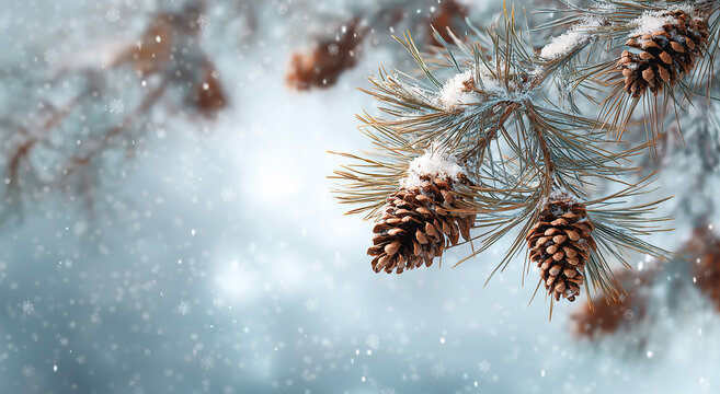 Enchanting Winter Snow Background with Pine Branches and Cones