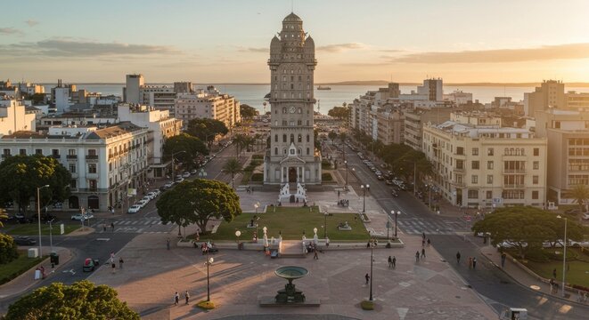 Panoramic view of Plaza Independencia and Palacio Salvo in Montevideo Uruguay South America