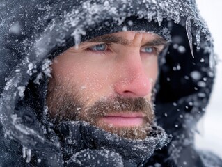 Close-up portrait of a man enduring severe winter conditions, with his face covered in ice, snow, and frost.