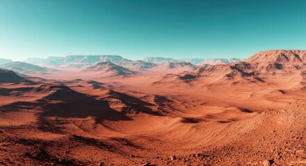 Naklejka premium Vast, arid martian landscape panorama featuring rugged, reddishorange mountains and valleys under a bright cyanblue sky, suggesting an alien or desert planet surface
