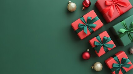Christmas Gift Boxes with Festive Ribbons on Green Background. made with generative Ai
