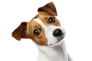 A curious dog with a brown and white coat tilts its head. its expressive eyes against a clean white background. perfect for pet-related content or advertising