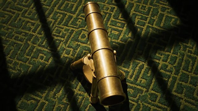 Antique spyglass on green patterned fabric in shadow and light