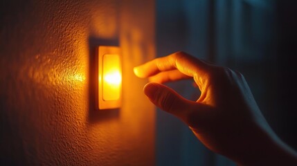 hand reaching to press glowing amber light switch on textured wall, warm cozy intimate nighttime moment