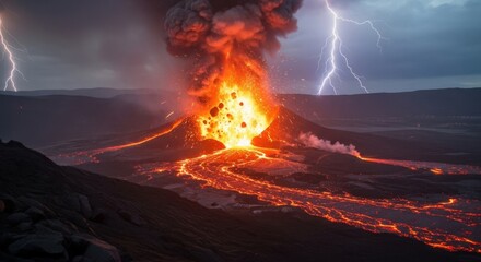 Dramatic Volcanic Eruption with Lightning Strikes and Flowing Lava.