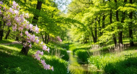 Obraz premium Vibrant spring scene featuring a blooming pink rhododendron bush alongside a narrow, meandering stream flowing through a lush, sunlit green forest with tall trees
