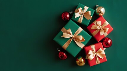 Christmas Gift Boxes with Festive Ribbons on Green Background. made with generative Ai
