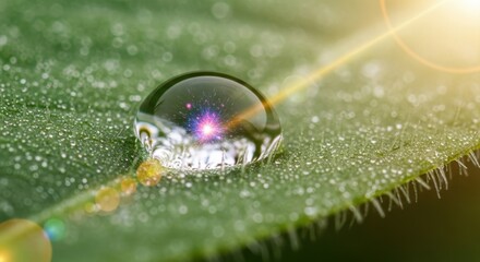 Macro shot of a water droplet on a green leaf with sunlight.