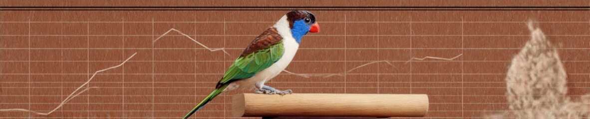 A vibrant parrot rests on a wooden perch with a subtle growth line graph behind it, captured in crisp detail against a warm terracotta studio background.