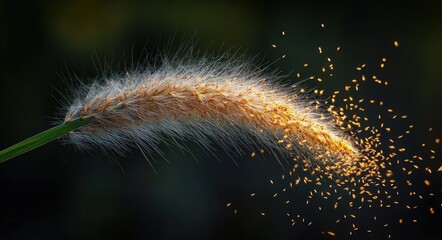 backlit fuzzy grass seed head on a green stem shedding golden seeds like glowing sparks against a dark background, delicate and serene