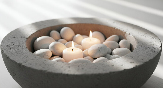 Candles in Concrete Bowl with White Stones - Relaxation, Spa