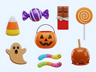 Y2k halloween candy icons set – candy corn, lollipop, chocolate, pumpkin, ghost, caramel apple. 3D icon set