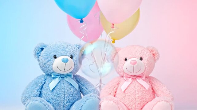 Two plush teddy bears, one blue, one pink, with balloons and ribbon in a studio setting